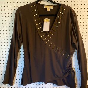 Michael Kors Brown Gold-Studded V-Neck Blouse